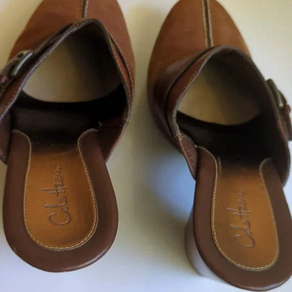 Cole Haan Ladies Brown High Heels Suede Slip-on Mules with Buckle - Picture 5 of 8